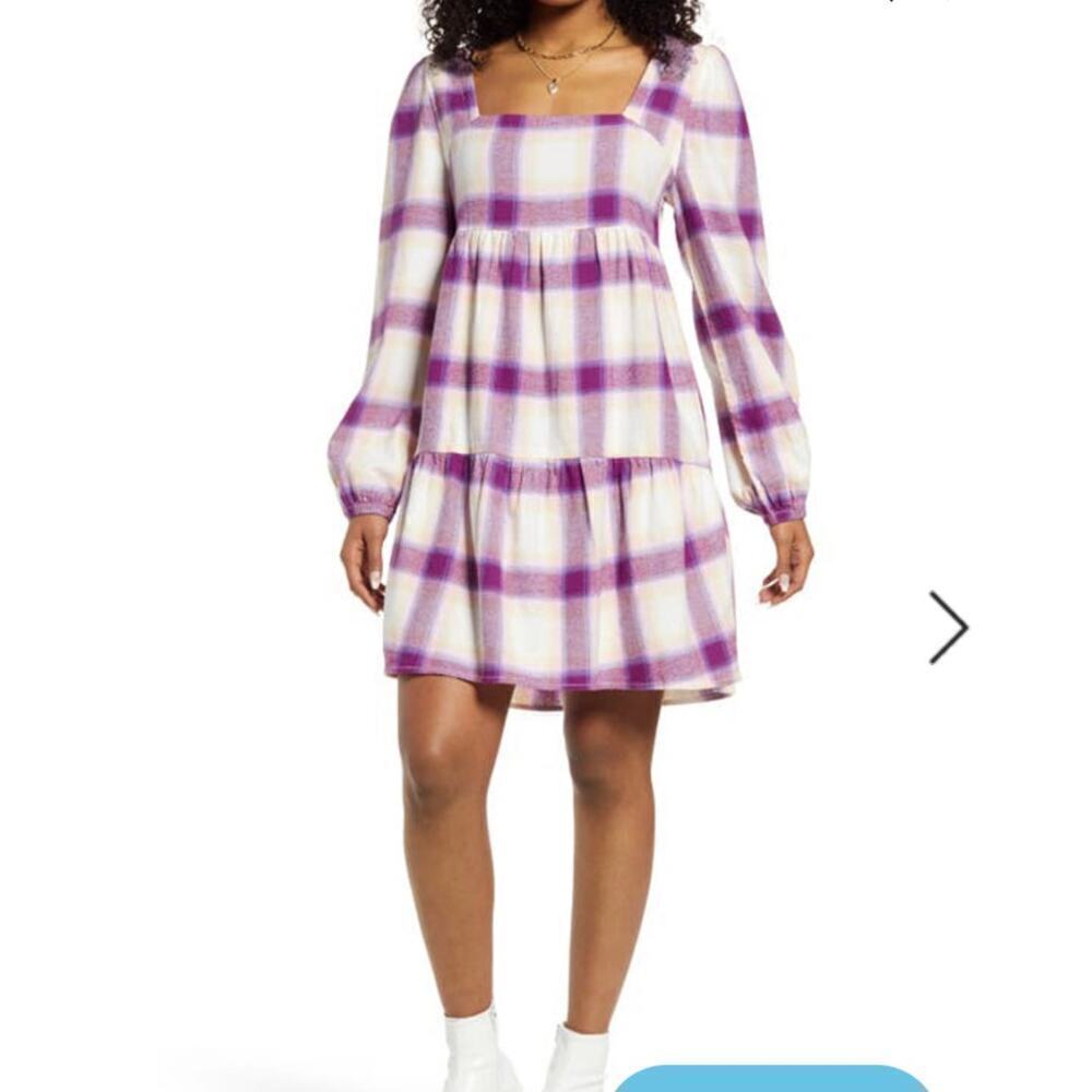 NWT BP. Plaid Long Sleeve Minidress In Ivory- Purple Abby Plaid XL